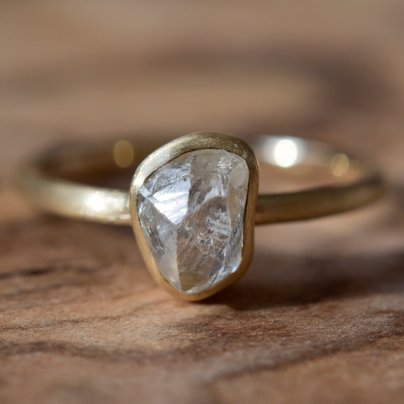 Brushed bezel raw diamond ring with carat rough diamond in 14k yellow gold