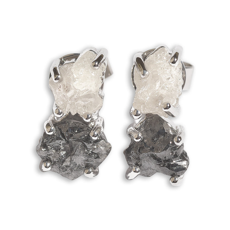 Black and white rough diamond earrings in white gold