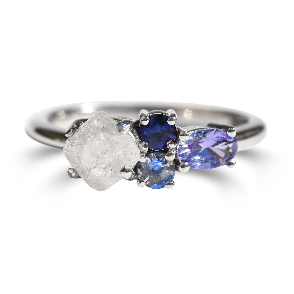 Rough diamond and sapphire cluster engagement ring