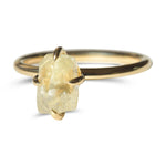 Fancy yellow raw diamond ring with compass prongs in 14k yellow gold