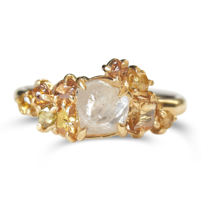 Raw diamond with clustered golden raw diamonds in yellow gold