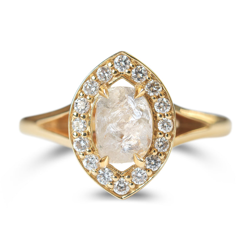 Raw diamond halo ring in 14k yellow gold