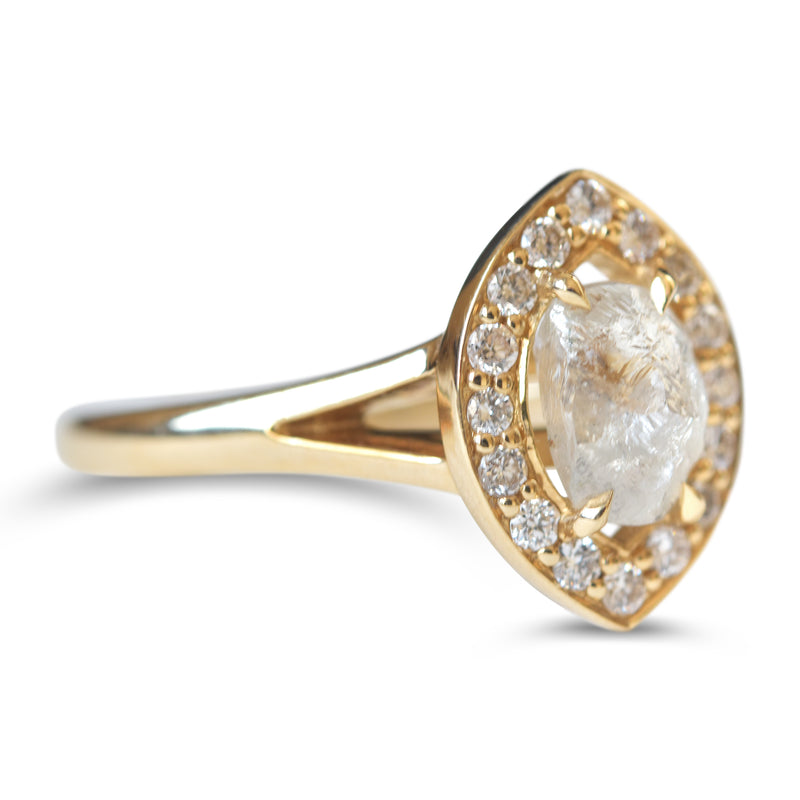 Raw diamond halo ring in 14k yellow gold