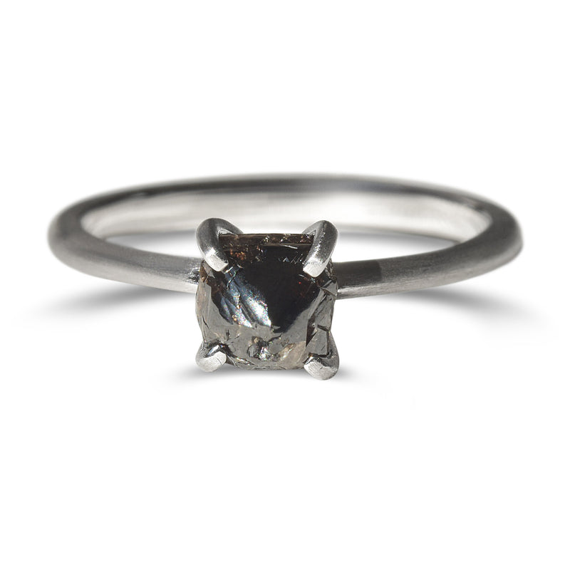 Black Octahedral Raw Diamond Solitaire Ring in 14k White Gold