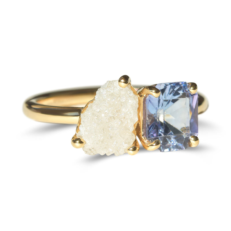 Toi Et Moi Rough Diamond and Mermaid Tanzanite Ring in 14k Yellow Gold