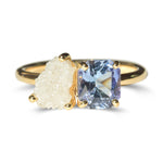 Toi Et Moi Rough Diamond and Mermaid Tanzanite Ring in 14k Yellow Gold