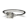 Salt and Pepper Octahedral Raw Diamond Ring with Diamond Cluster Sidestones in 14k White Gold