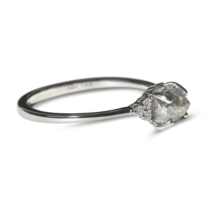 Salt and Pepper Octahedral Raw Diamond Ring with Diamond Cluster Sidestones in 14k White Gold