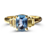 Blue cushion cut sapphire with baguette diamonds, sapphire engagement ring, art deco style engagement ring