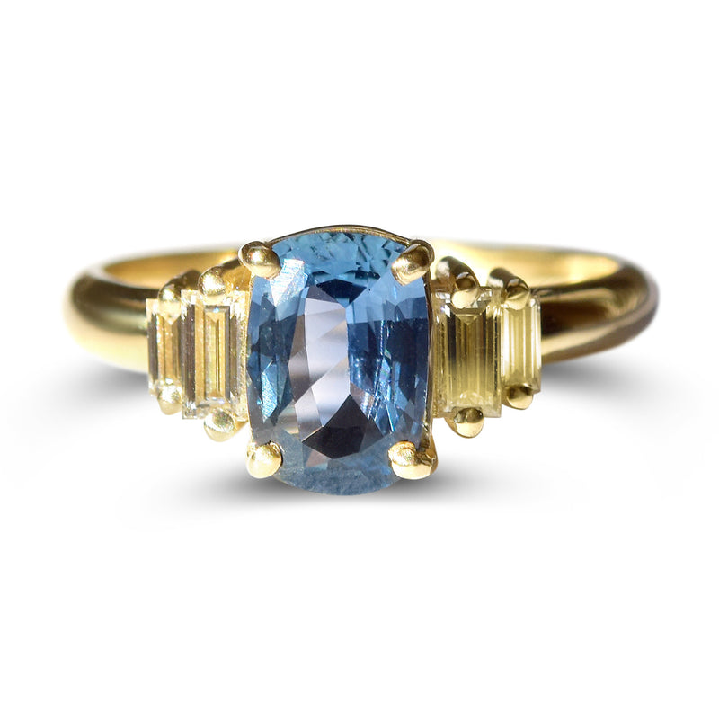 Blue cushion cut sapphire with baguette diamonds, sapphire engagement ring, art deco style engagement ring