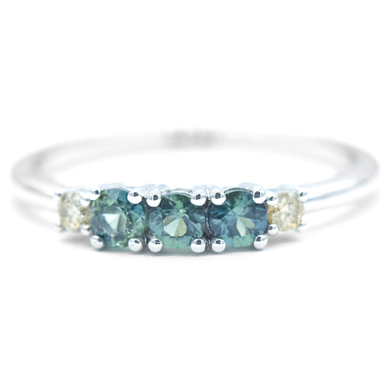 Straight Sapphire and Diamond Band | Triple teal sapphire and champagne diamonds in  14k white gold