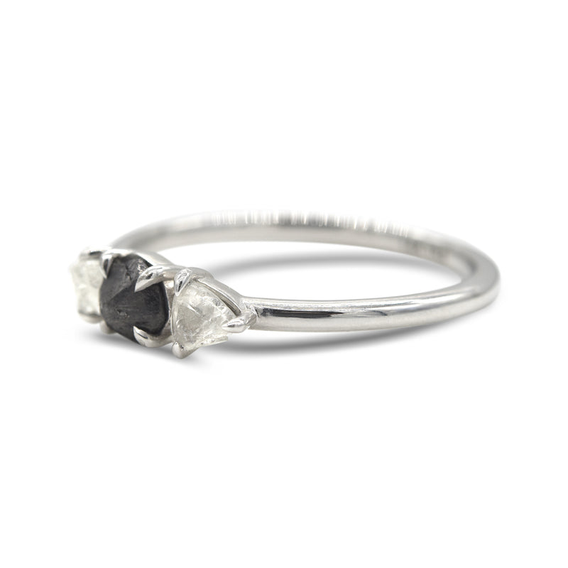 Te'anim Ring Model - a three stone rough diamond ring in 14k white gold