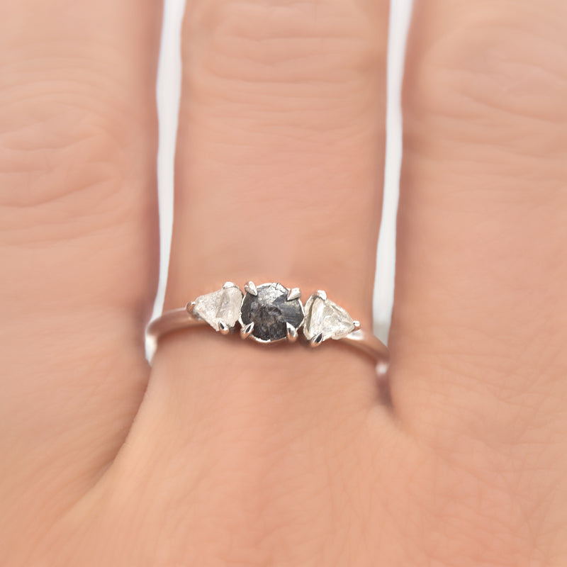Te'anim Ring Model - a three stone rough diamond ring in 14k white gold