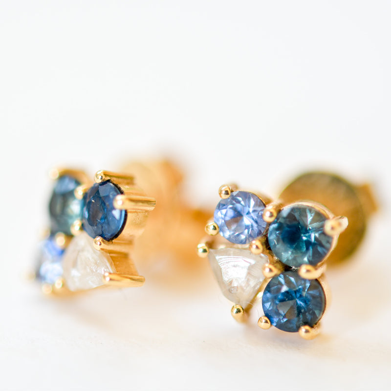 Sapphire and Raw Diamond Cluster Stud Earrings
