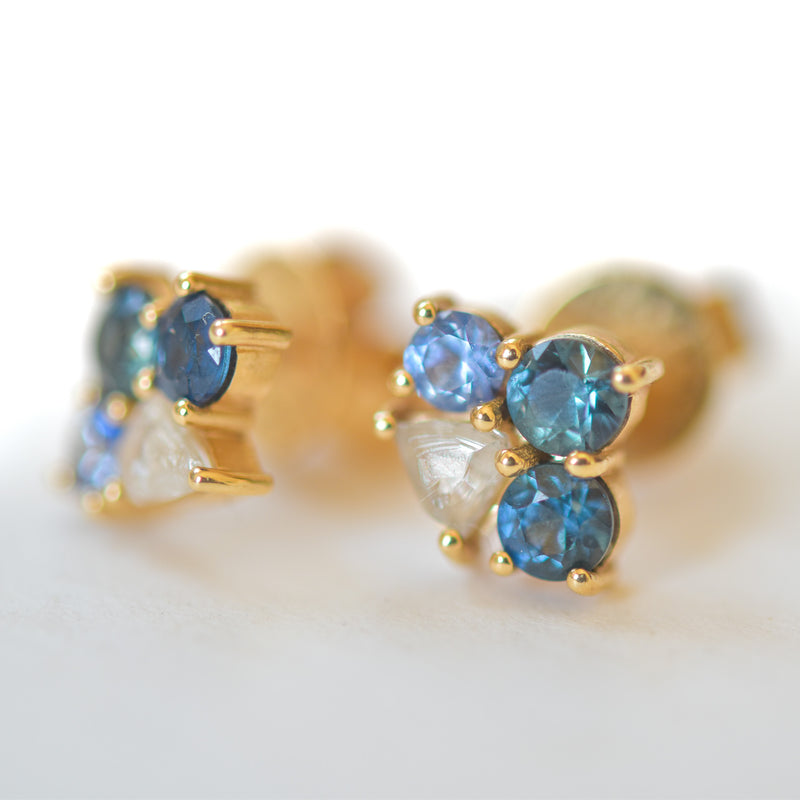 Sapphire and Raw Diamond Cluster Stud Earrings