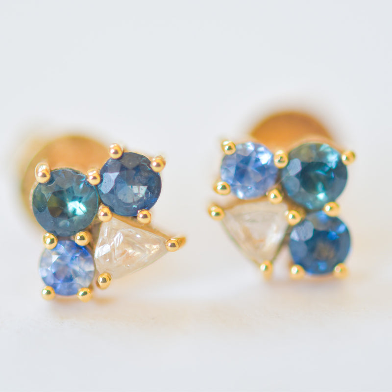 Sapphire and Raw Diamond Cluster Stud Earrings