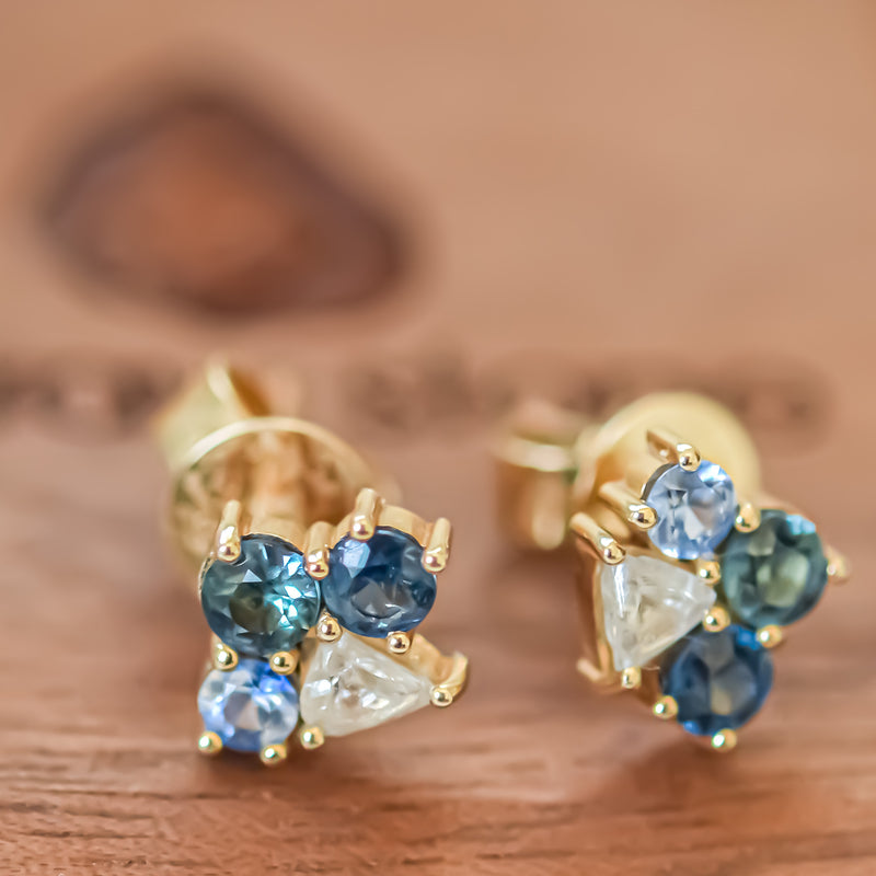Sapphire and Raw Diamond Cluster Stud Earrings