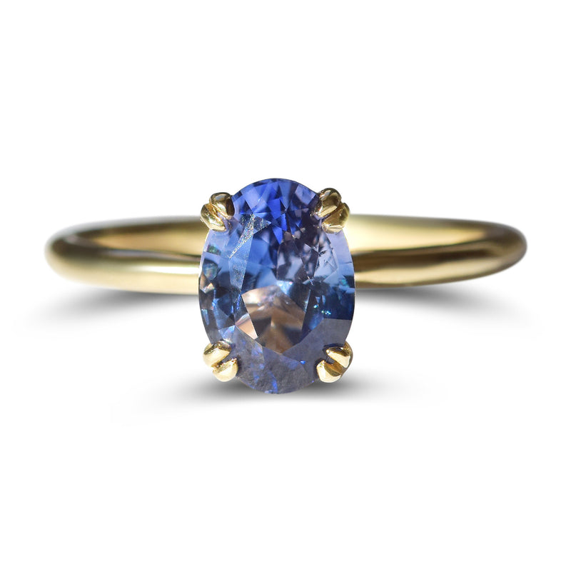Lake Tahoe Sapphire Sunset Ring - Oval Blue Sapphire with Double Prong Setting in 14k Yellow Gold