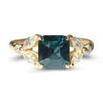 Forest Bathing Sapphire Ring - Emerald Cut Green Sapphire with Diamond Leaf Motif in 14k Yellow Gold