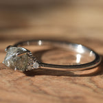 Salt and Pepper Octahedral Raw Diamond Ring with Diamond Cluster Sidestones in 14k White Gold