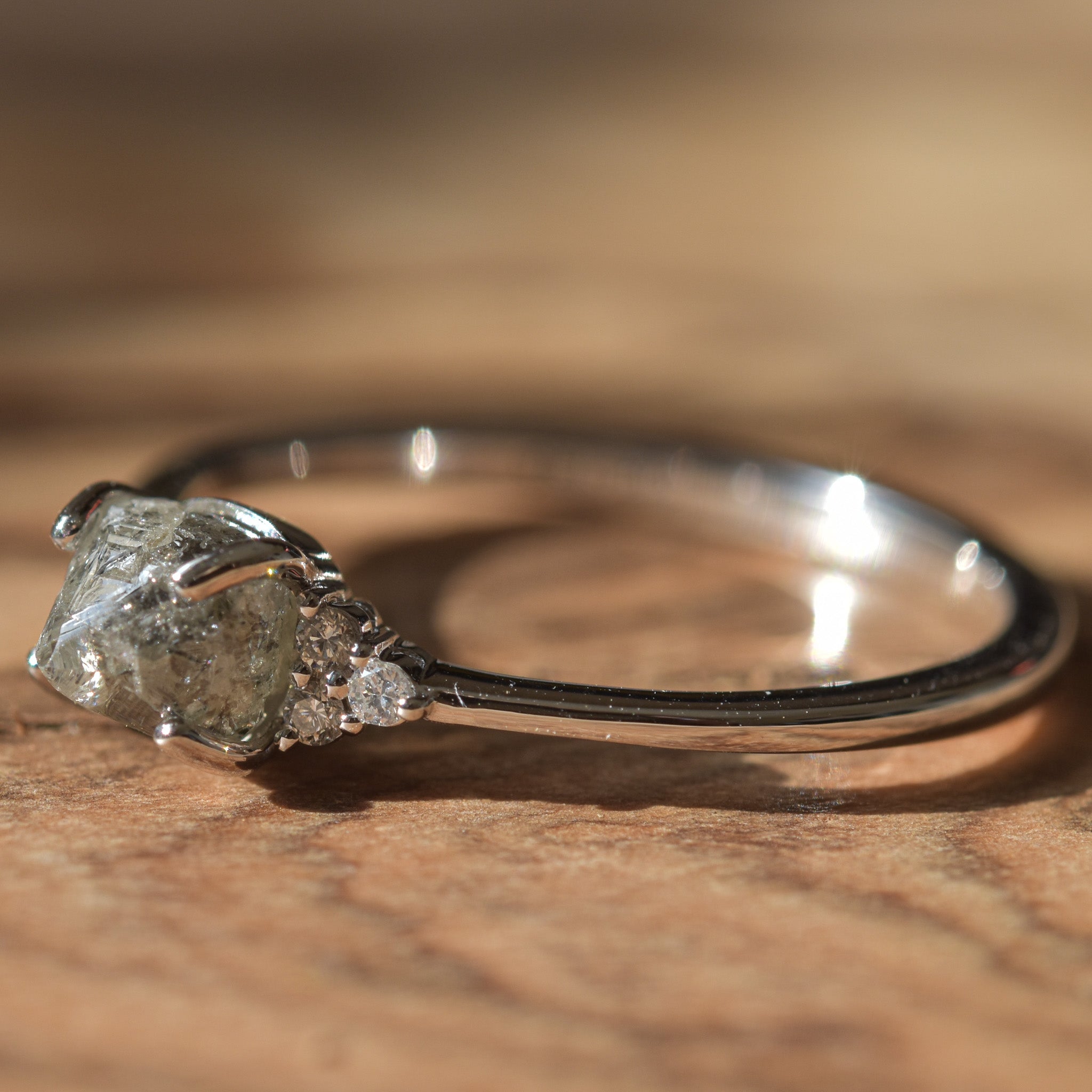 Salt and Pepper Octahedral Raw Diamond Ring with Diamond Cluster