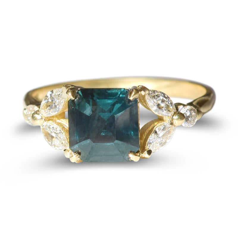 Forest Bathing Sapphire Ring - Emerald Cut Green Sapphire with Diamond Leaf Motif in 14k Yellow Gold