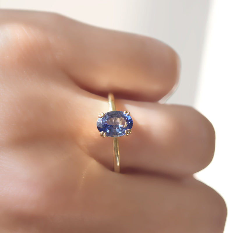 Lake Tahoe Sapphire Sunset Ring - Oval Blue Sapphire with Double Prong Setting in 14k Yellow Gold