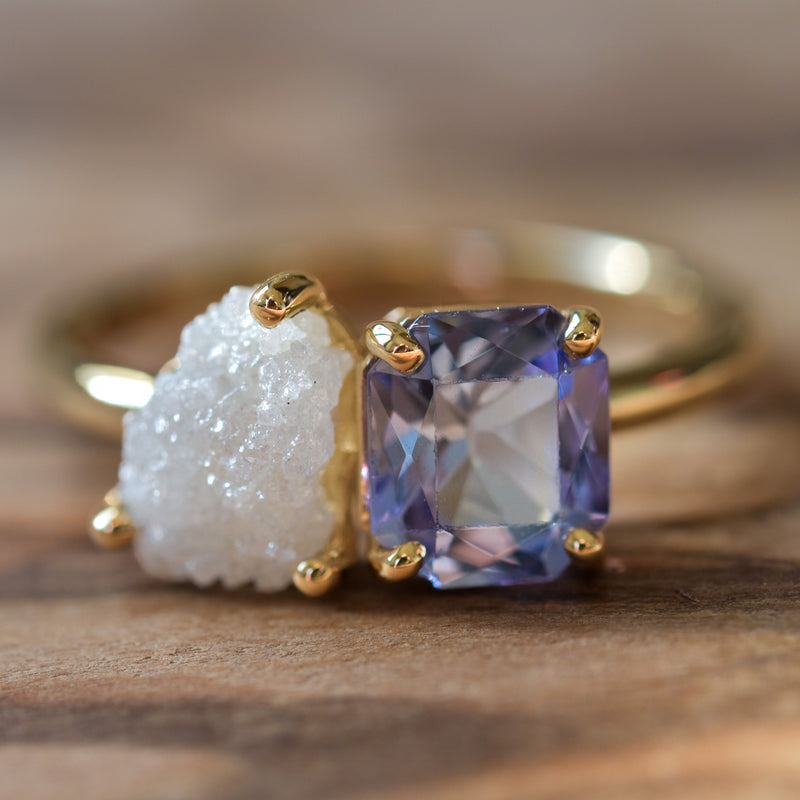 Toi Et Moi Rough Diamond and Mermaid Tanzanite Ring in 14k Yellow Gold