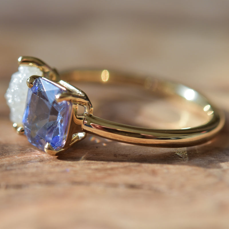 Toi Et Moi Rough Diamond and Mermaid Tanzanite Ring in 14k Yellow Gold