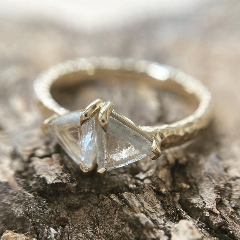 The Gemini Ring | A double triangular raw diamond ring with a hammered band