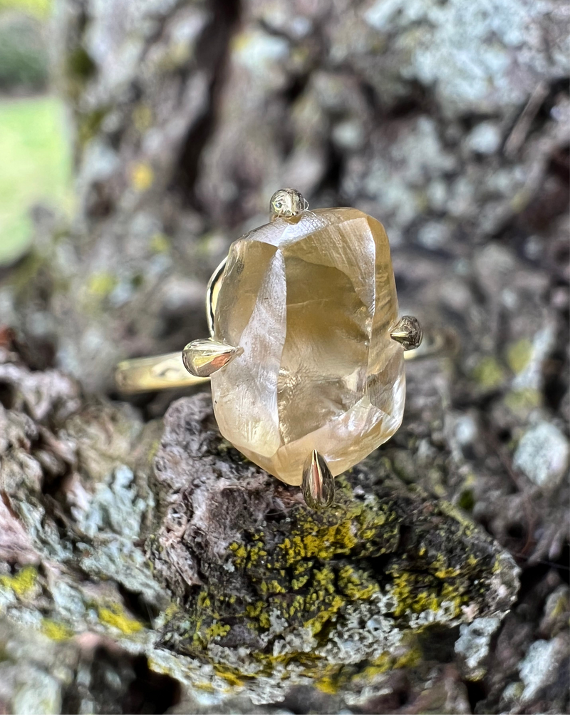 Close-up of a raw citrine diamond ring set in yellow gold, placed on a textured surface of tree bark, with natural light reflecting off the diamond.
