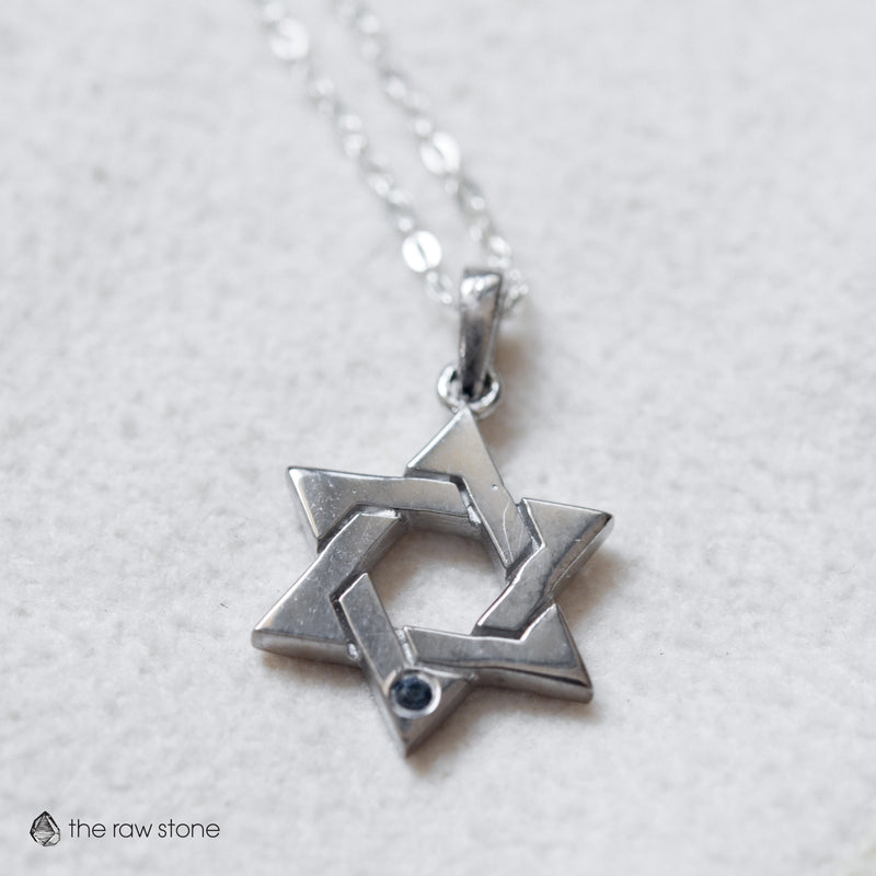 Star of David Pendant with Cornflower Blue Sapphire and Adjustable 16-18 Inch Chain