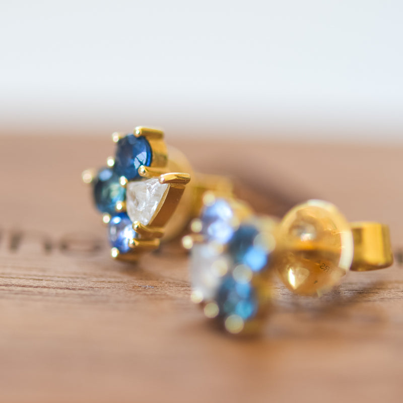Rough diamond and sapphire cluster stud earrings