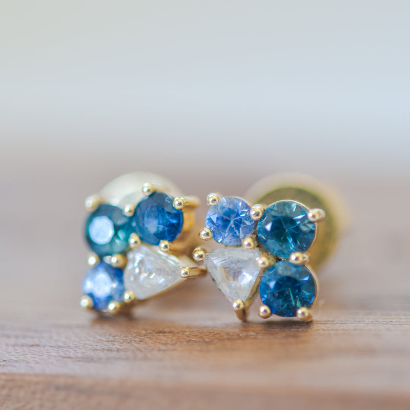 Rough diamond and sapphire cluster stud earrings