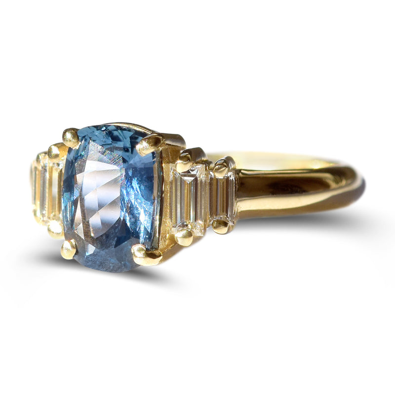 Blue sapphire engagement ring, art deco style engagement ring, baguette diamonds