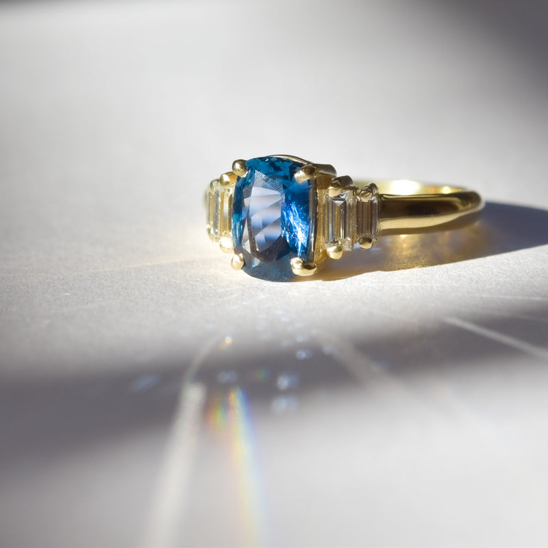 Icelandic Lake Ring - Cushion Cut Blue Sapphire with Baguette Diamond Sidestones in 14k Yellow Gold