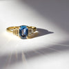 Icelandic Lake Ring - Cushion Cut Blue Sapphire with Baguette Diamond Sidestones in 14k Yellow Gold
