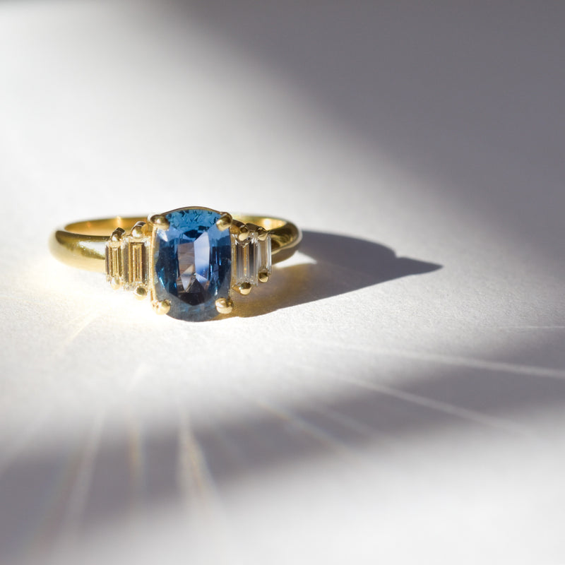 Icelandic Lake Ring - Cushion Cut Blue Sapphire with Baguette Diamond Sidestones in 14k Yellow Gold