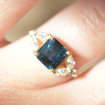 Forest Bathing Sapphire Ring - Emerald Cut Green Sapphire with Diamond Leaf Motif in 14k Yellow Gold