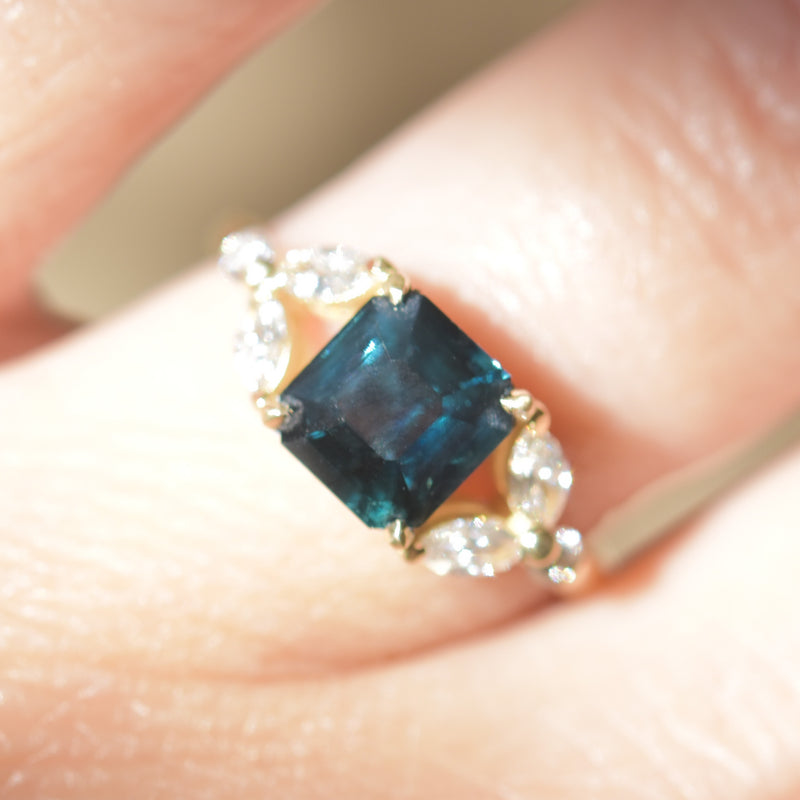 Forest Bathing Sapphire Ring - Emerald Cut Green Sapphire with Diamond Leaf Motif in 14k Yellow Gold