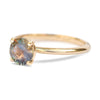 Lagoon green sapphire engagement ring with a minimalist band, 14k yellow gold four prongs and ethically sourced