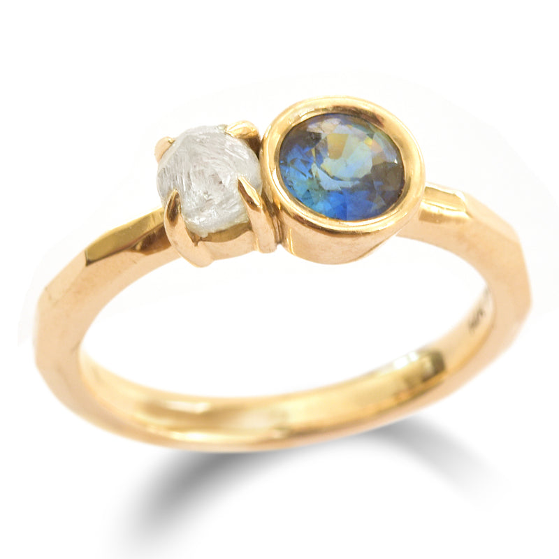 Two Stone Ring with Sapphire and Raw Diamond