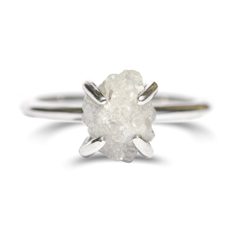 Large rough diamond engagement ring with a rustic engagement ring style in 14k white gold size 6 and ready to ship.