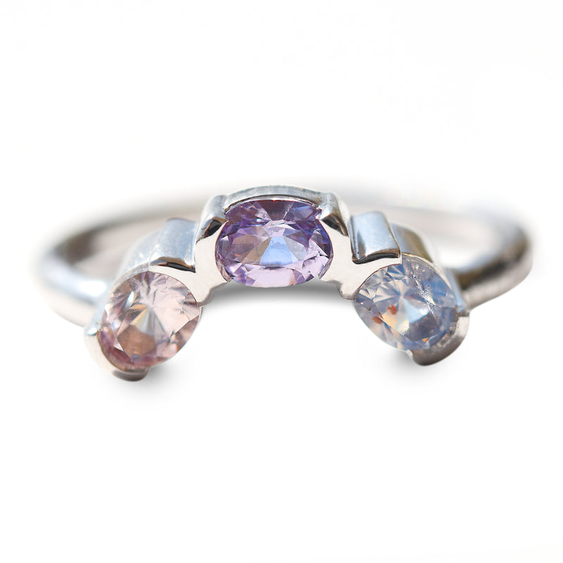 Angled customizable triple sapphire stacking ring