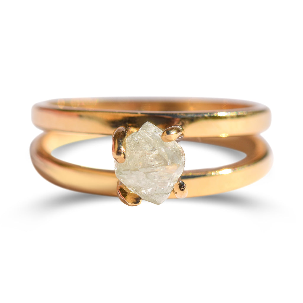 The Ezaria ring - a raw diamond engagement ring that is double banded, without hammering