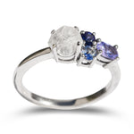Raziel Ring with 1.16 carat raw diamond octahedron and 3 multihued blue sapphires
