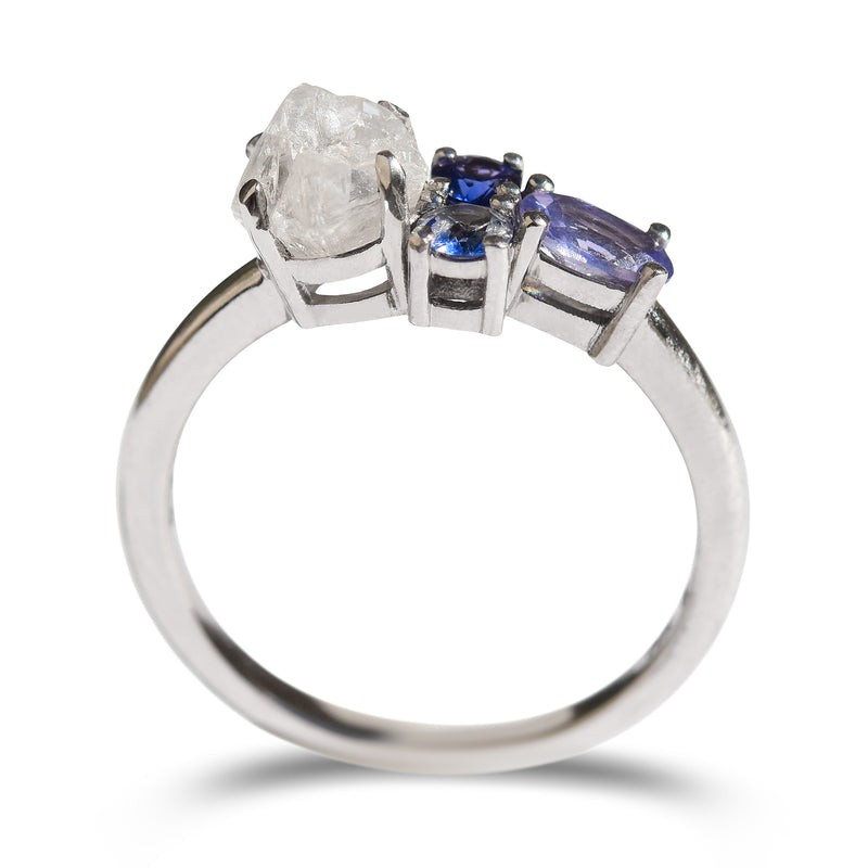 Raziel Ring with 1.16 carat raw diamond octahedron and 3 multihued blue sapphires