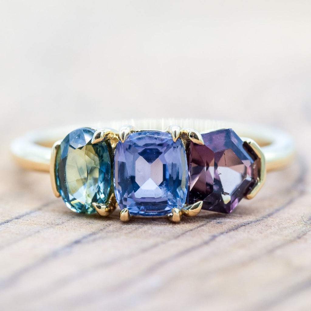 Three gemstone ring, the aura ring, push present, anniversary ring, gemstone ring, gemstone engagement ring, ethical engagement ring, sapphire ring, tanzanite ring