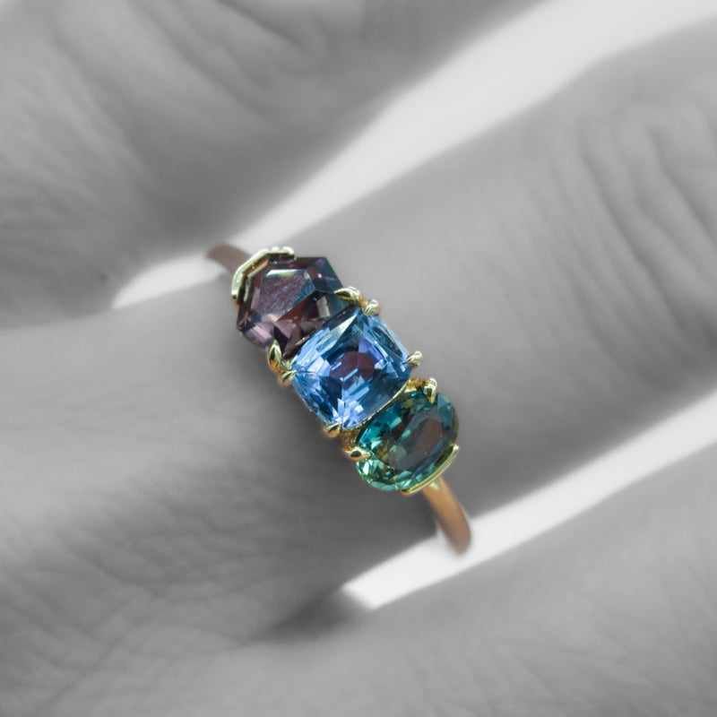 The Aura Ring | A triple gemstone ring with mixed prong and half bezel settings