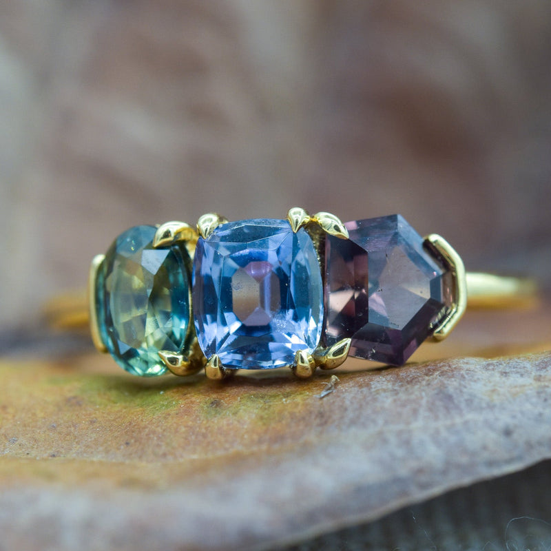 The Aura Ring | A triple gemstone ring with mixed prong and half bezel settings